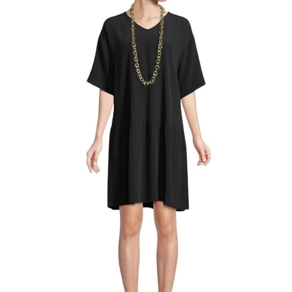 EILEEN FISHER dark academia witchy Black Crepe Drop-Waist Dress womens size M - Picture 1 of 11